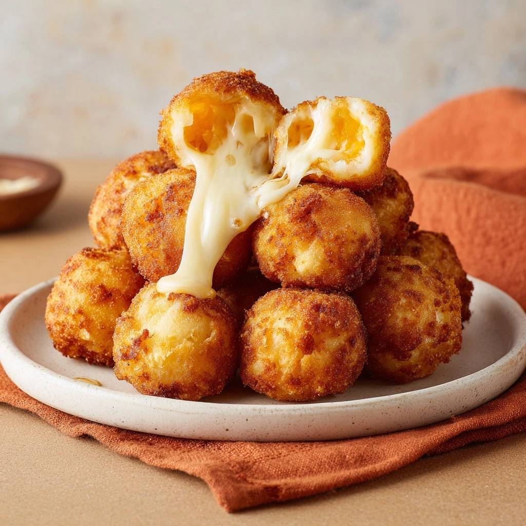 Knusprige Mozzarella Baellchen Querschnitt 1 Knusprige Mozzarella-Bällchen mit einem schmackhaften, geschmolzenen Käse-Inneren, das aus einem Bällchen herausfließt.
