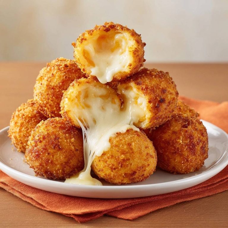 Knusprige Mozzarella-Bällchen, mit einem geöffneten Ball, der geschmolzenen Käse zeigt, der appetitlich herausfließt. Diese goldbraunen und frittierten Snacks sind einfach unwiderstehlich.