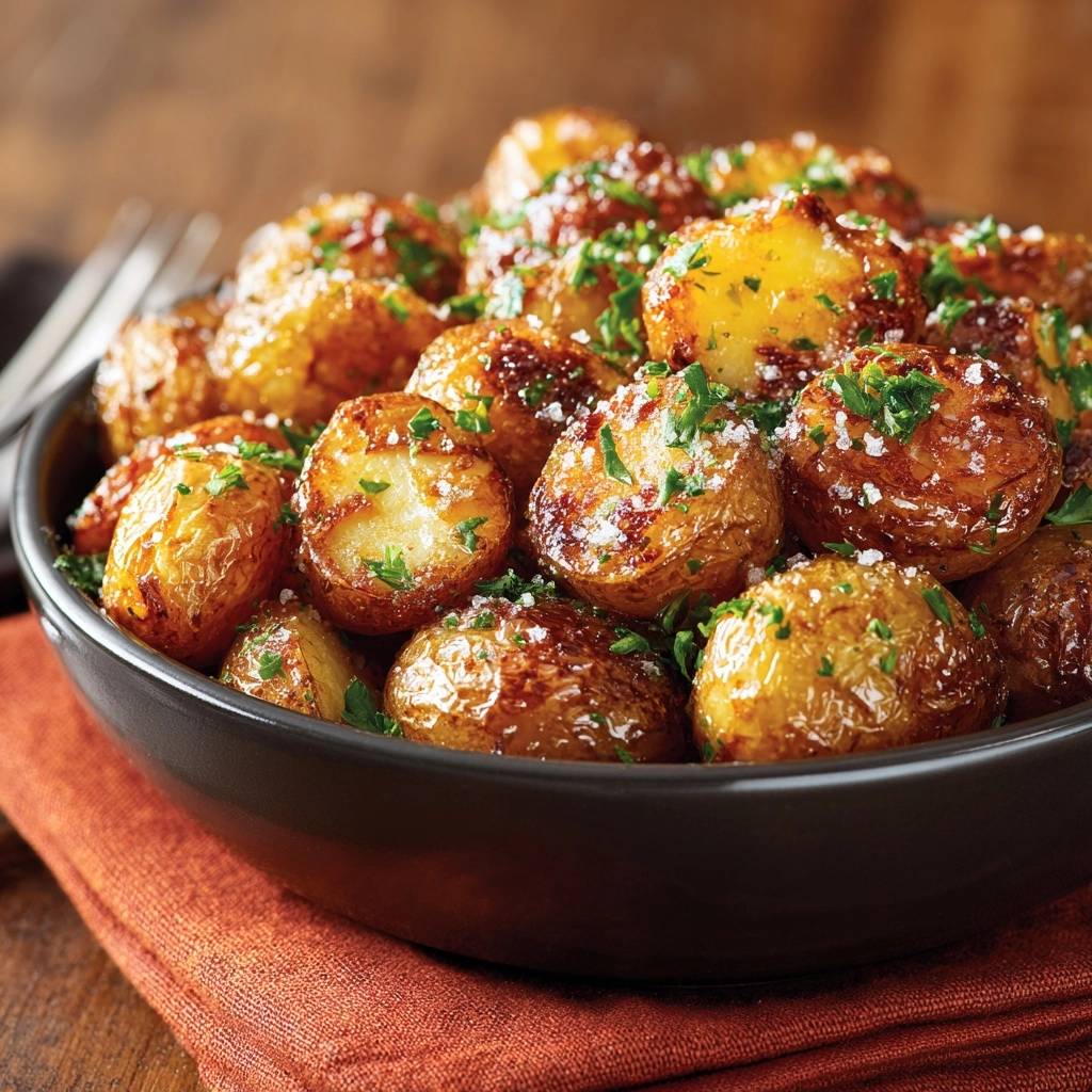 Knusprige Parmesan Babykartoffeln Detail Garnitur 1 Knusprige Parmesan-Babykartoffeln mit frischer Petersilie und grobem Salz garniert in einer Schüssel serviert.
