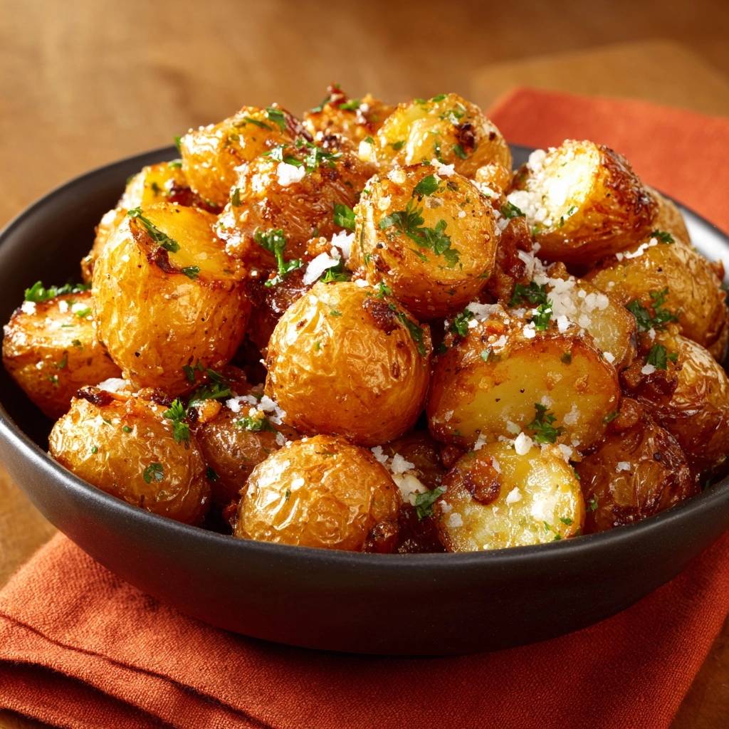 Knusprige Parmesan-Babykartoffeln, serviert in einer schwarzen Schüssel und mit frischen Kräutern garniert, sind ein unwiderstehlicher Genuss.