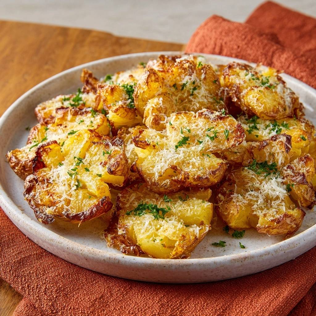 Knusprige Parmesan-Kartoffeln, serviert auf einem Teller, garniert mit frischer Petersilie und geriebenem Parmesan. Die goldbraunen Kartoffeln sind perfekt zubereitet.