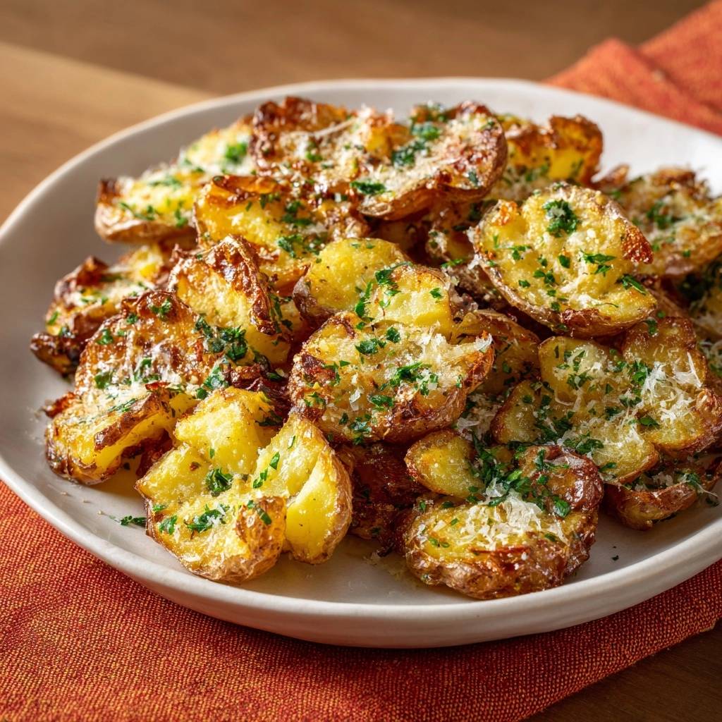 Knusprige Parmesan-Kartoffeln, serviert auf einem weißen Teller, garniert mit frischer Petersilie und Parmesan. Die knusprigen Kartoffeln sind goldbraun gebraten und sehen köstlich aus.