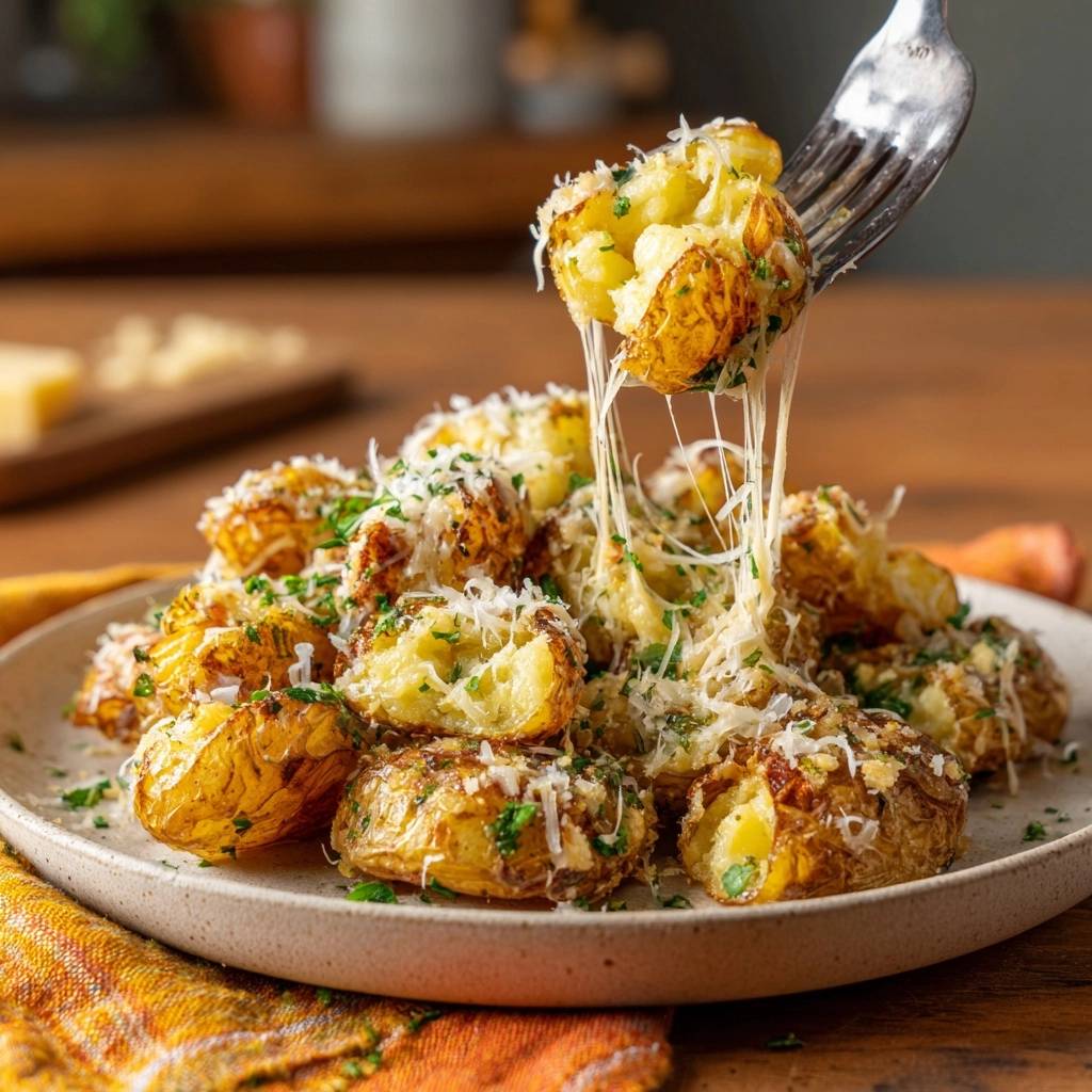 Knusprige Parmesan Kartoffeln Kaese Zieht Sich 1 Knusprige Parmesan-Kartoffeln mit geschmolzenem Käse, der sich von einer Gabel zieht und die knusprige Textur zeigt. Die Kartoffeln sind mit Parmesan bestreut.