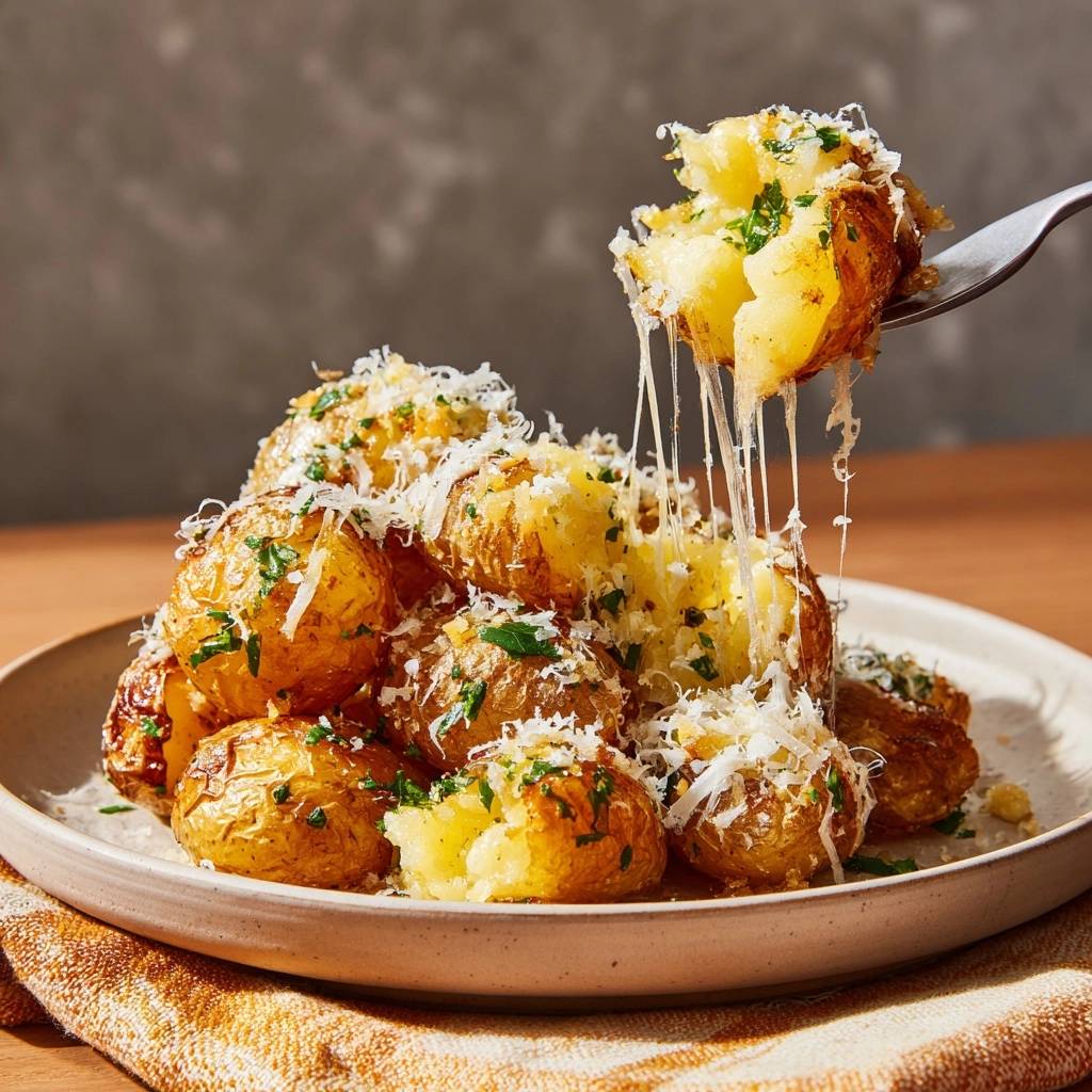 Knusprige Parmesan-Kartoffeln mit Käsefaden, die von einer Gabel gezogen werden, serviert auf einem weißen Teller. Der käsige Kern ist sichtbar.