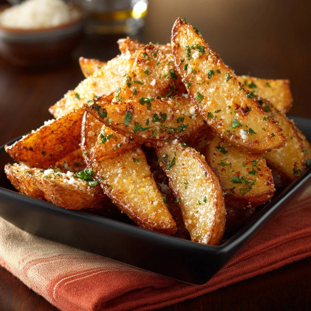 Knusprige Parmesan Kartoffelwedges Nahaufnahme 1 Knusprige Parmesan-Kartoffelwedges in einer Nahaufnahme, die die knusprige Textur und die frischen Kräuter auf den goldbraunen Kartoffeln zeigt.