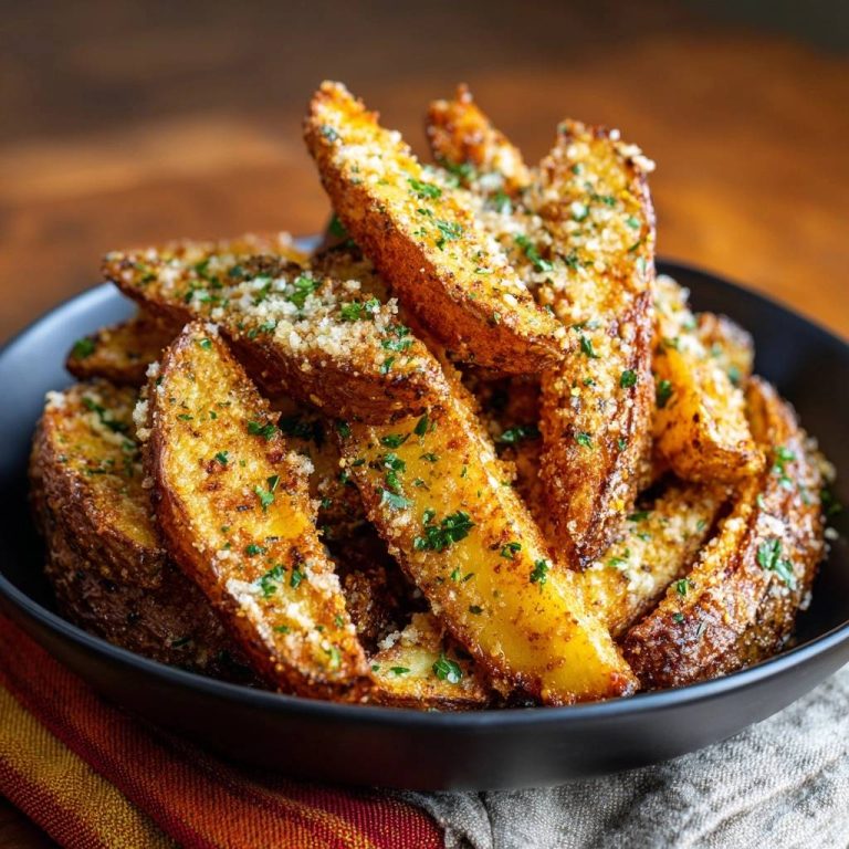 Knusprige Parmesan-Kartoffelwedges serviert in einer schwarzen Schüssel, die mit frisch gehackter Petersilie und geriebenem Parmesan garniert sind.