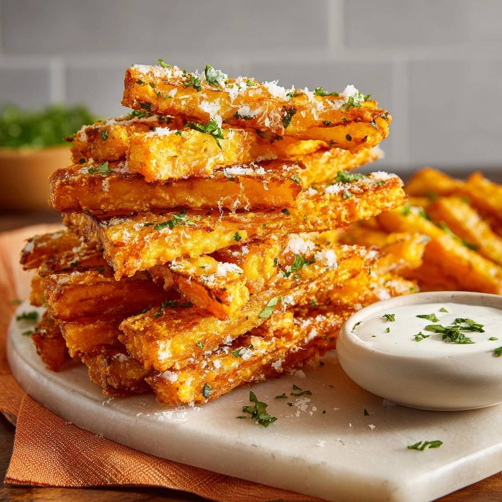 Knusprige Parmesan Sueskartoffel Sticks Gestapelt 1 Knusprige Parmesan-Süßkartoffel-Sticks, gestapelt auf einem Marmorbrett serviert, mit frischen Kräutern und Parmesan garniert.