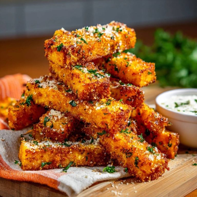 Knusprige Parmesan-Süßkartoffel-Sticks sind hier gestapelt und mit Parmesan und frischer Petersilie garniert, serviert auf einem Holzbrett.