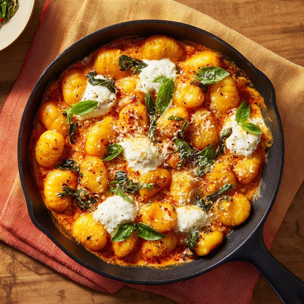 Knusprige Pfannengnocchi Tomatenso Draufsicht 1 Knusprige Pfannengnocchi in Tomatensoße, serviert in einer gusseisernen Pfanne, mit frischem Basilikum und Ricotta garniert.