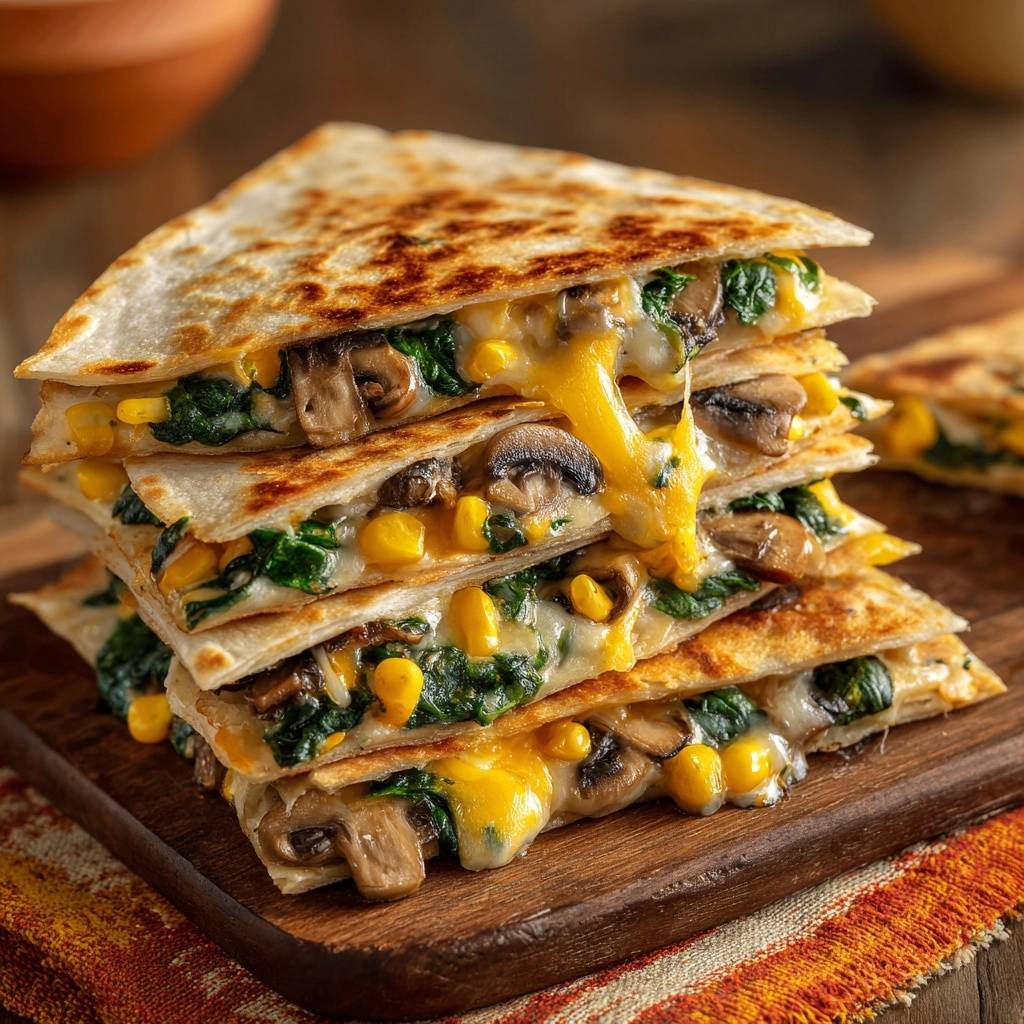 Knusprige Pilz Spinat Quesadillas Innenansicht Mit Kaese 1 Knusprige Pilz-Spinat-Quesadillas mit Mais und Käse, gestapelt und angeschnitten, mit geschmolzenem Käse, der herausläuft.
