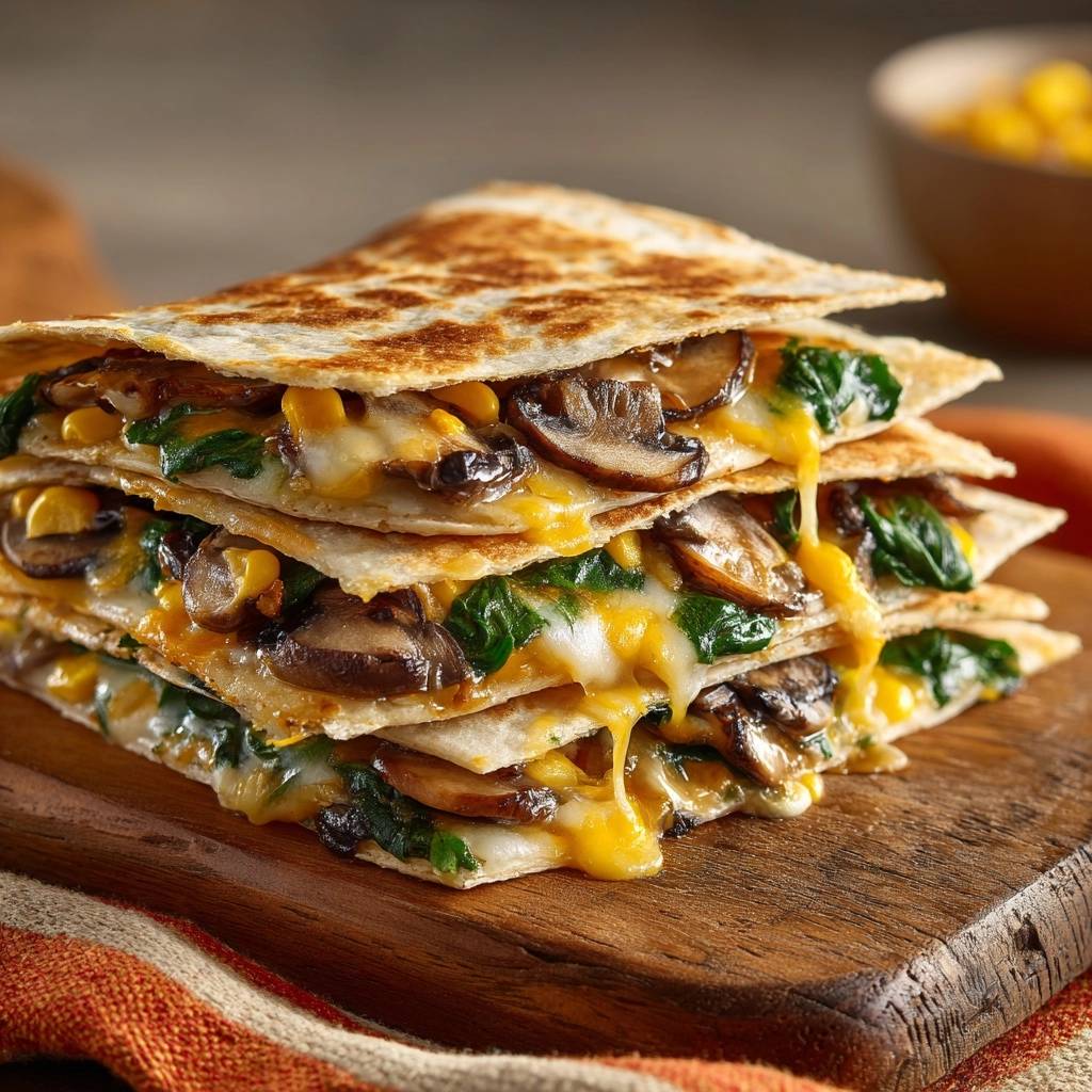 Knusprige Pilz-Spinat-Quesadillas mit Mais und Käse zeigen hier einen verführerischen Querschnitt mit geschmolzenem Käse, frischem Spinat und gebratenen Pilzen.