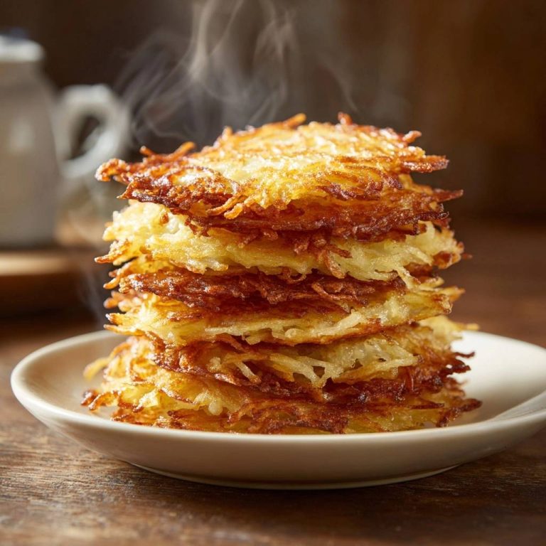 Knusprige Reibekuchen sind hier gestapelt und dampfen frisch. Diese goldbraunen Kartoffelpuffer sind auf einem Teller serviert.