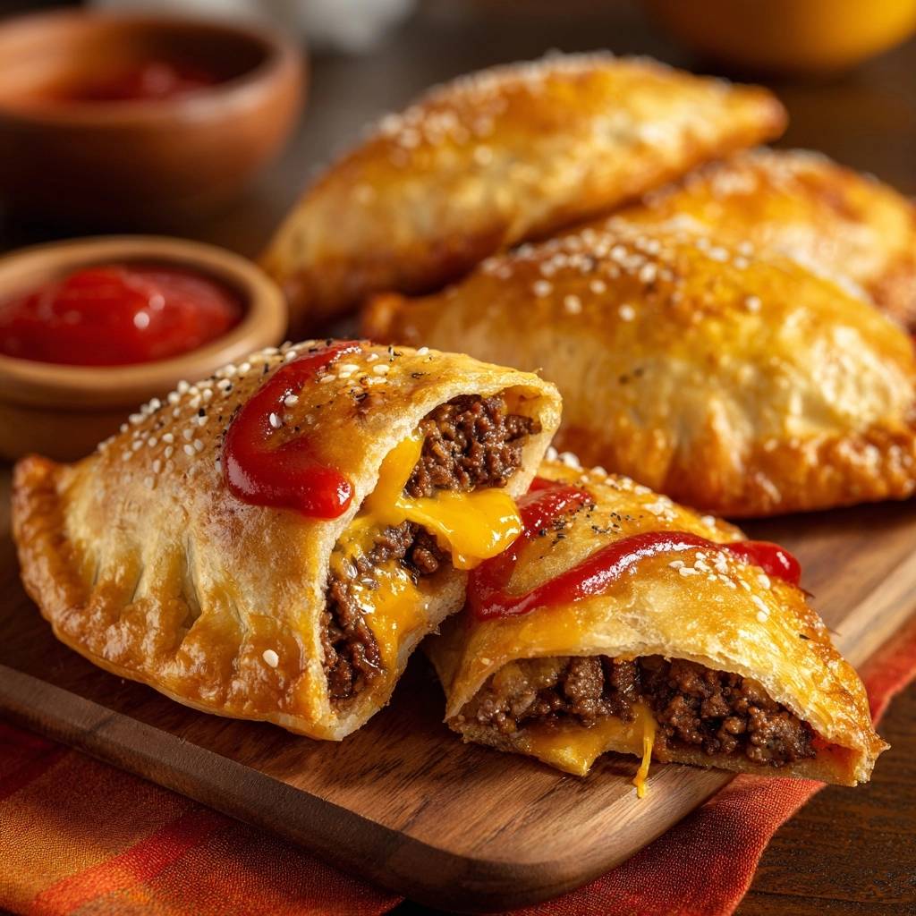 Knusprige Rindfleisch-Empanadas mit ziehendem Käse im detailreichen Querschnitt, der die saftige Füllung zeigt.