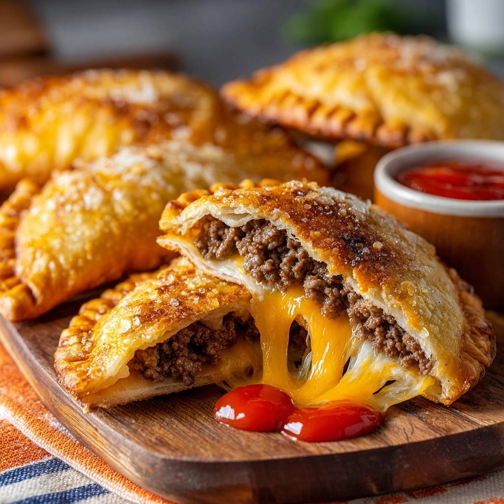Knusprige Rindfleisch-Empanadas mit ziehendem Käse, hier als Nahaufnahme mit Anschnitt, der das Innere zeigt.
