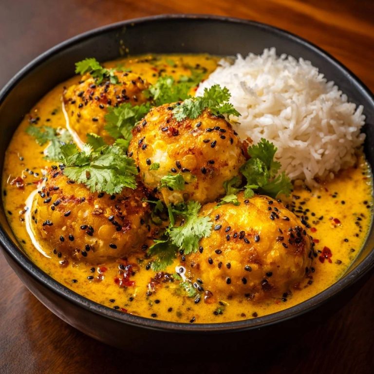 Knusprige Sesam-Paneer-Bällchen im goldenen Curry, garniert mit frischem Koriander, serviert in einer tiefen schwarzen Schüssel mit fluffigem Reis.