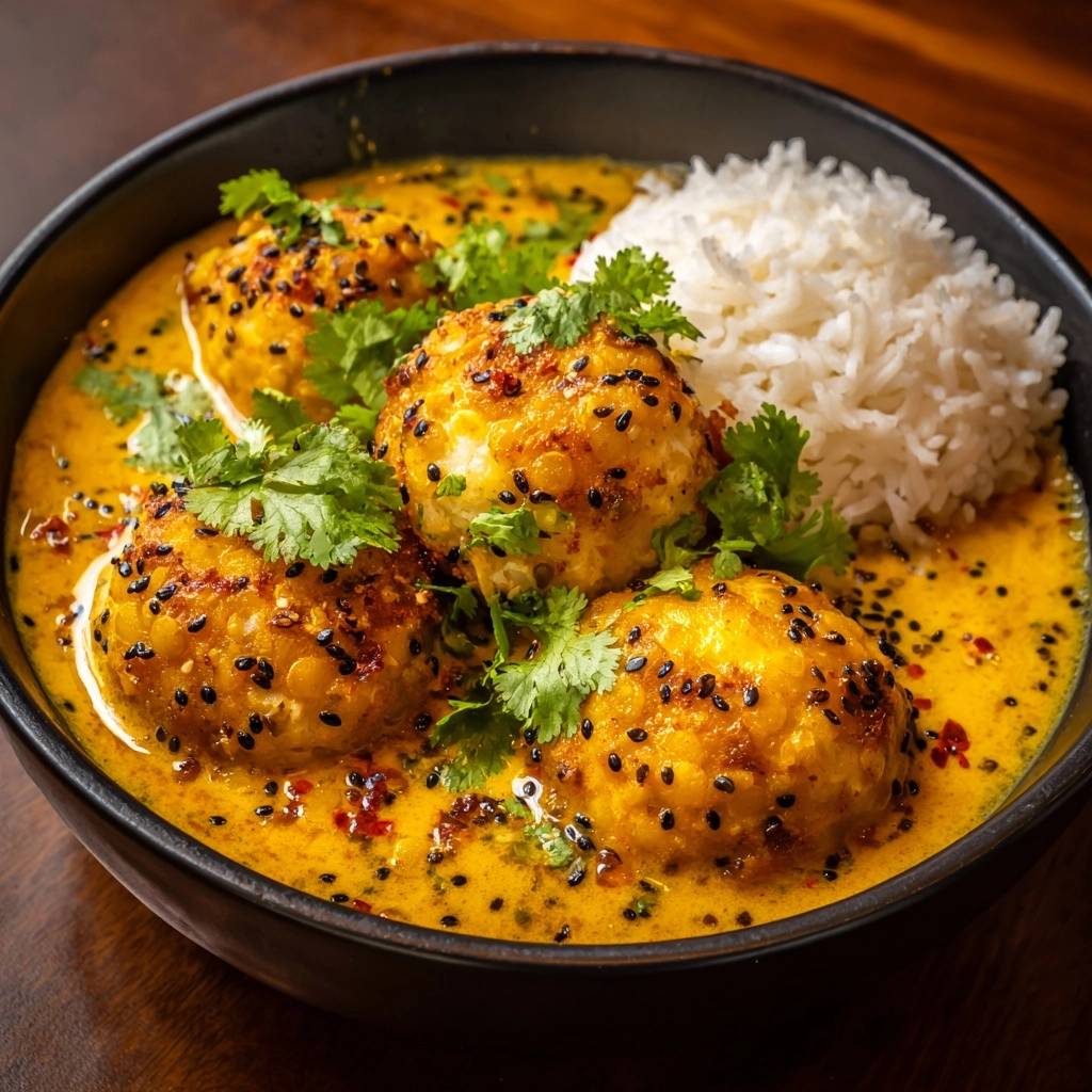 Knusprige Sesam-Paneer-Bällchen im goldenen Curry, garniert mit frischem Koriander, serviert in einer tiefen schwarzen Schüssel mit fluffigem Reis.