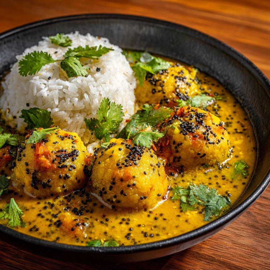 Knusprige Sesam Paneer Baellchen Im Goldenen Curry Serviert 1 Knusprige Sesam-Paneer-Bällchen im Goldenen Curry, serviert in einer dunklen Schüssel mit Reis und frischen Kräutern. Ein köstliches indisches Gericht.