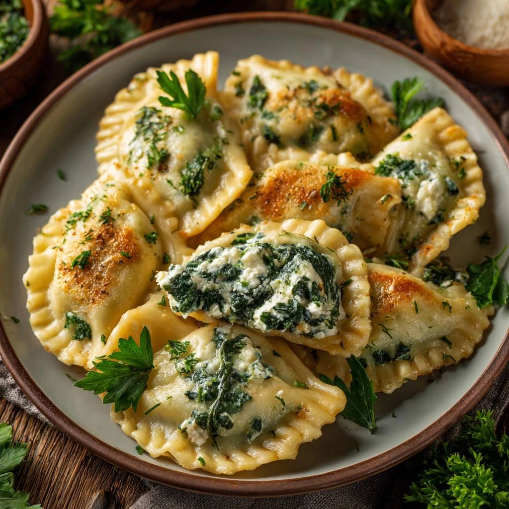 Knusprige Spinat-Ricotta-Ravioli im Nahaufnahme-Querschnitt, wobei die cremige Füllung aus Ricotta und Spinat sichtbar ist.