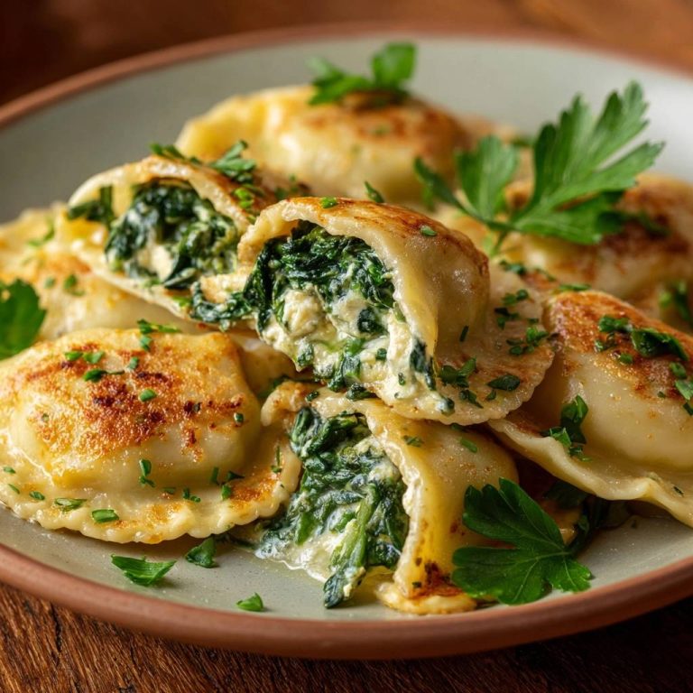 Knusprige Spinat-Ricotta-Ravioli im Nahaufnahme-Querschnitt, der die cremige Ricotta-Füllung und frischen Spinat zeigt.