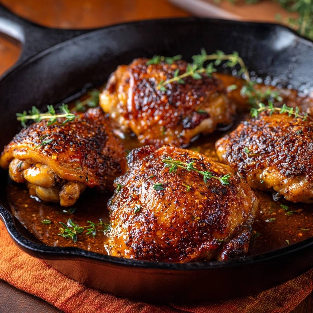 Knusprige Thymian Haehnchenschenkel Nahaufnahme 1 Knusprige Thymian-Hähnchenschenkel in goldener Sauce, eine appetitliche Nahaufnahme der gebratenen Hähnchenschenkel mit frischem Thymian.