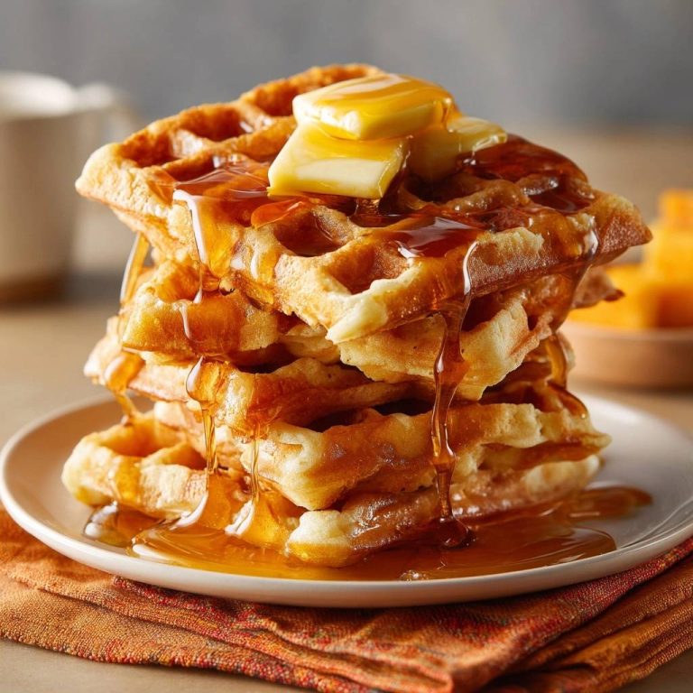 Knusprige Waffeln mit Butter und Ahornsirup in Nahaufnahme, wobei der goldene Ahornsirup über die Waffeln fließt.