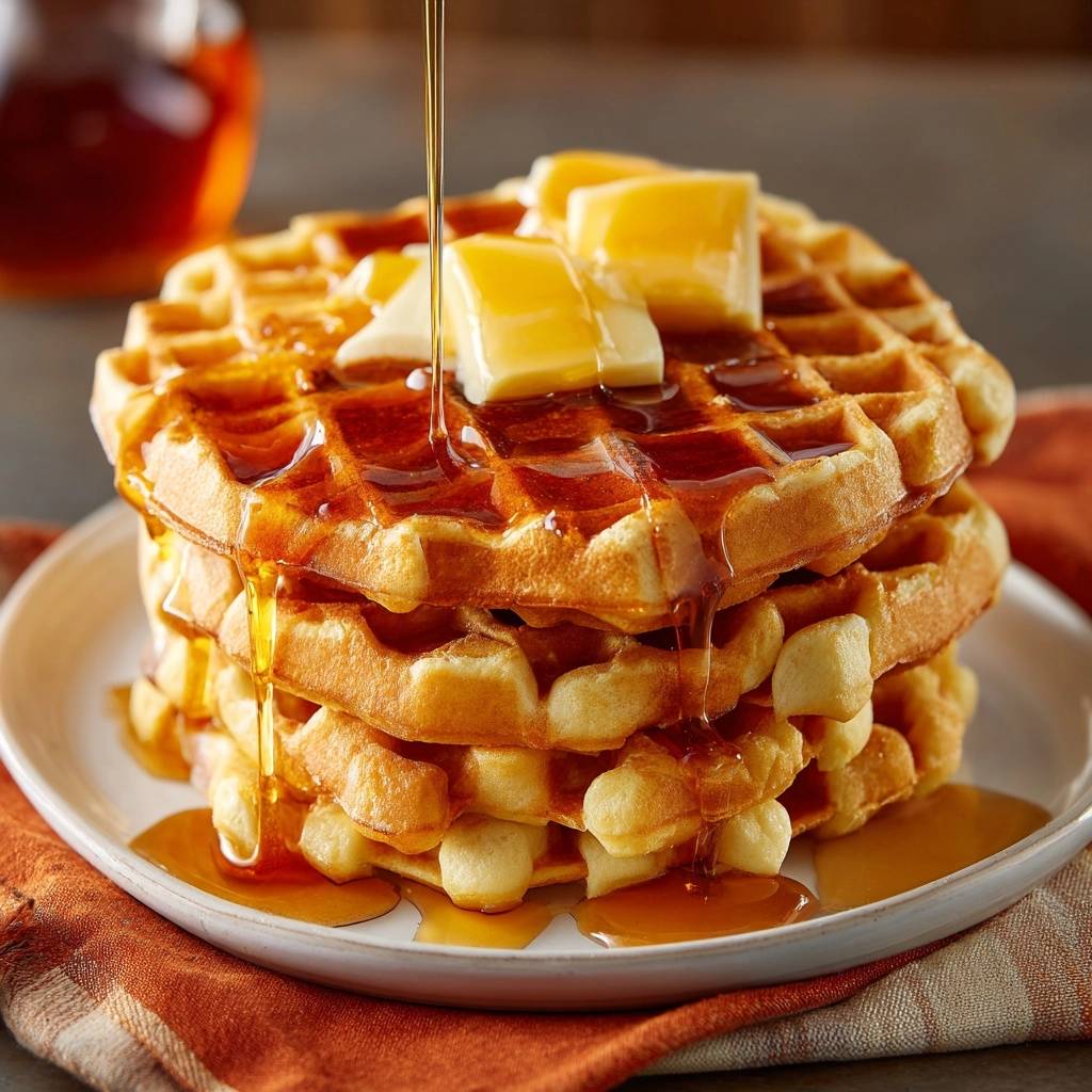 Knusprige Waffeln mit Butter und Ahornsirup in Nahaufnahme, übergossen mit goldfarbenem Ahornsirup, der über die gestapelten Waffeln fließt.