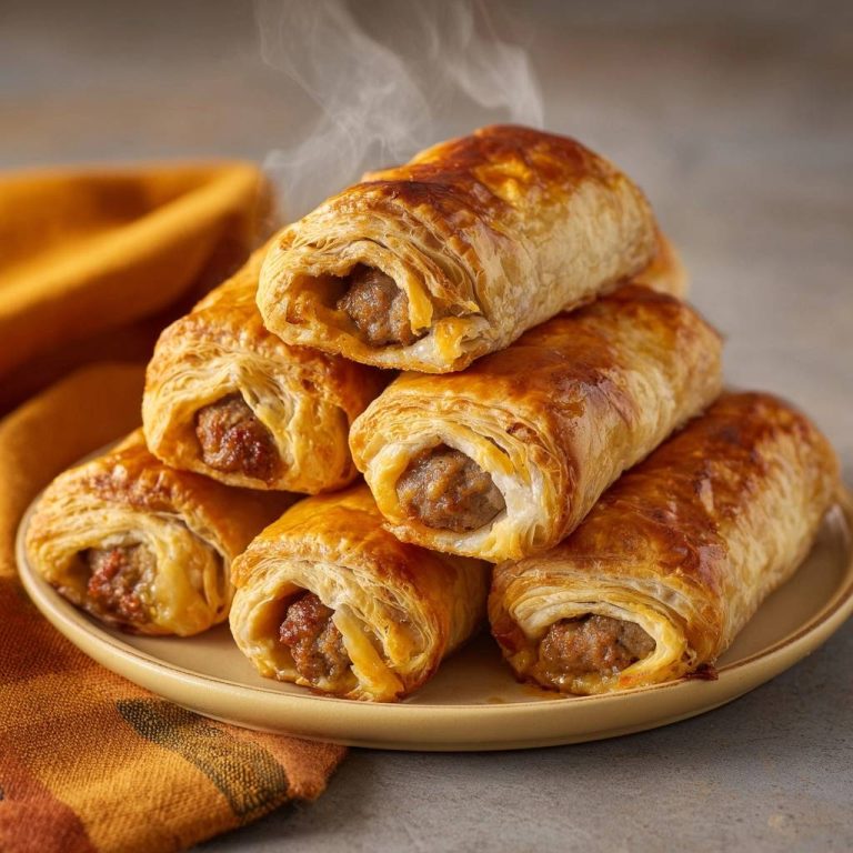 Knusprige Wurst-Käse-Rollen, frisch gebacken und dampfend serviert, zeigen eine appetitliche Anordnung auf einem Teller. Die goldbraune Kruste verspricht einen knusprigen Genuss.