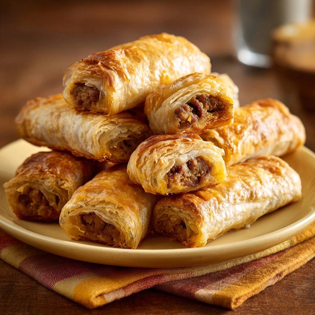 Knusprige Wurst Kase Rollen Querschnitt 1 Knusprige Wurst-Käse-Rollen zeigen hier einen appetitlichen Querschnitt, der die goldbraune, knusprige Kruste und die würzige Füllung offenbart.