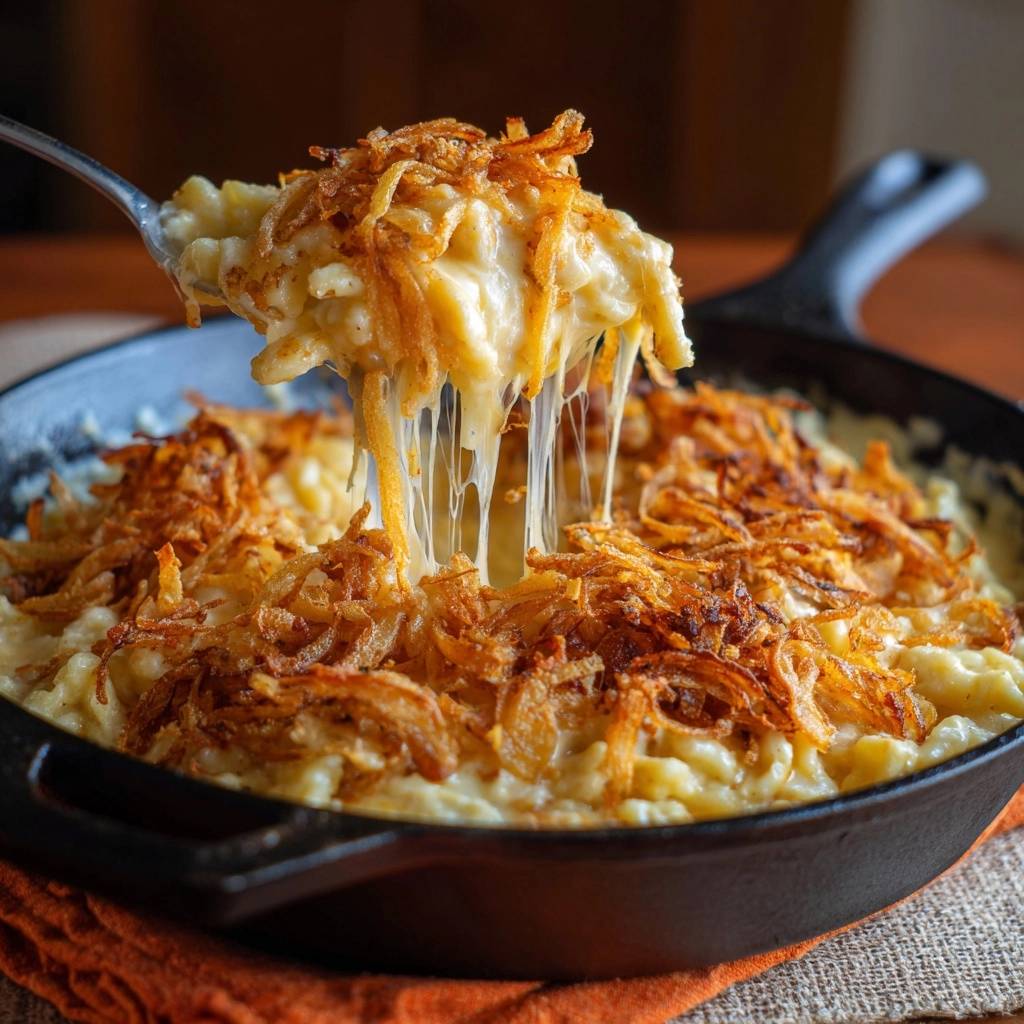 Knusprige Zwiebel Kaesemakkaroni Kaese Faden Nahaufnahme 1 Knusprige Zwiebel-Käsemakkaroni mit geschmolzenem Käse, der sich in langen Fäden zieht, serviert in einer gusseisernen Pfanne.