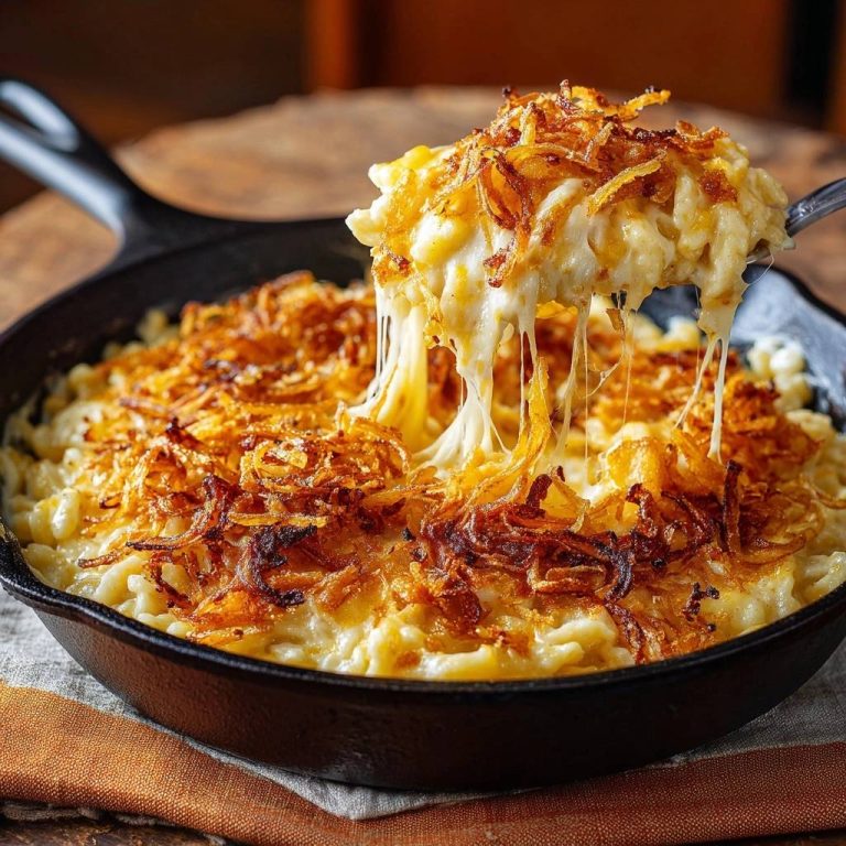 Knusprige Zwiebel-Käsemakkaroni in einer Nahaufnahme, bei der der geschmolzene Käse lange Fäden zieht, serviert in der Pfanne.