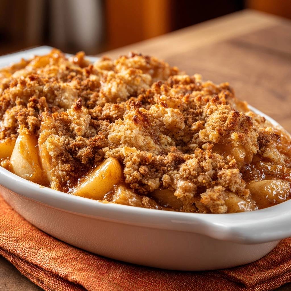 Knuspriger Apfel-Crumble in Nahaufnahme, mit goldbraunen Streuseln und saftigen Äpfeln in einer weißen Auflaufform serviert.