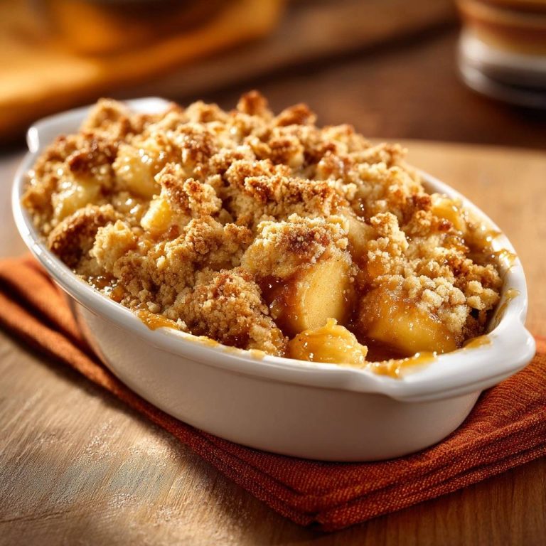 Knuspriger Apfel-Crumble in einer Nahaufnahme, die die goldbraunen Streusel und die saftigen Apfelstücke zeigt.
