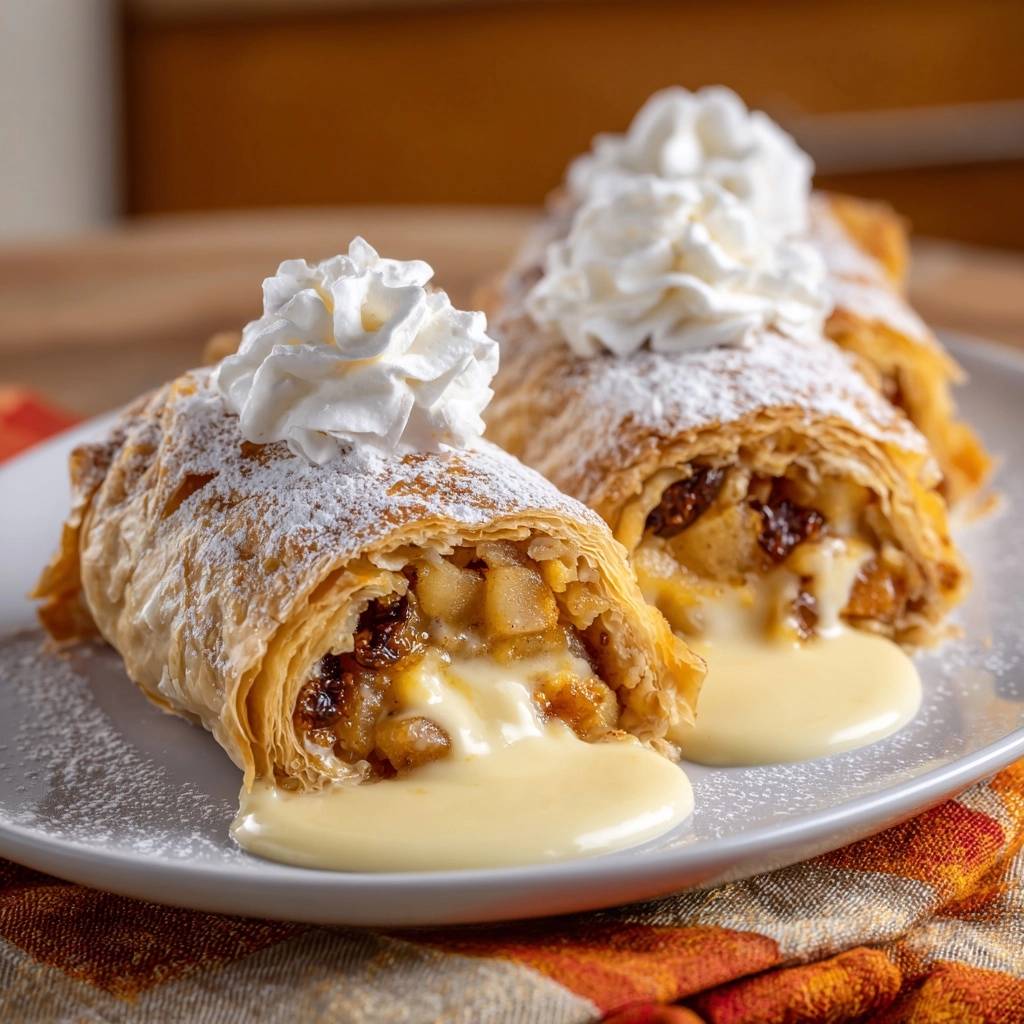 Knuspriger Apfelstrudel, mit einem Anschnitt, der die köstliche Füllung aus Äpfeln und Rosinen zeigt, serviert mit Vanillesauce.