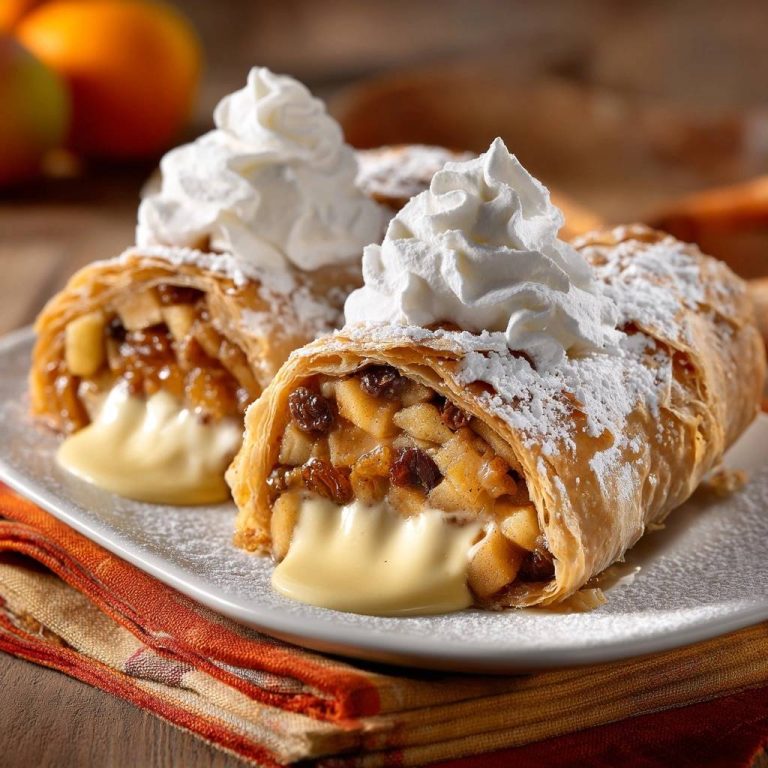 Knuspriger Apfelstrudel, angeschnitten, zeigt eine Füllung aus Äpfeln und Rosinen, serviert mit cremiger Vanillesauce und Sahnehäubchen.