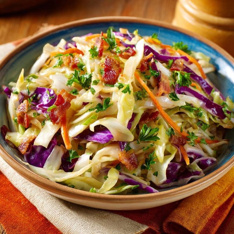 Knuspriger Bacon-Krautsalat in einer blauen Schüssel serviert, garniert mit knusprigem Speck und frischer Petersilie, bereit zum Genießen.