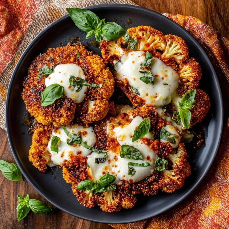 Knuspriger Blumenkohl mit Mozzarella, serviert in einer Draufsicht, mit frischem Basilikum garniert und mit geschmolzenem Käse bedeckt.