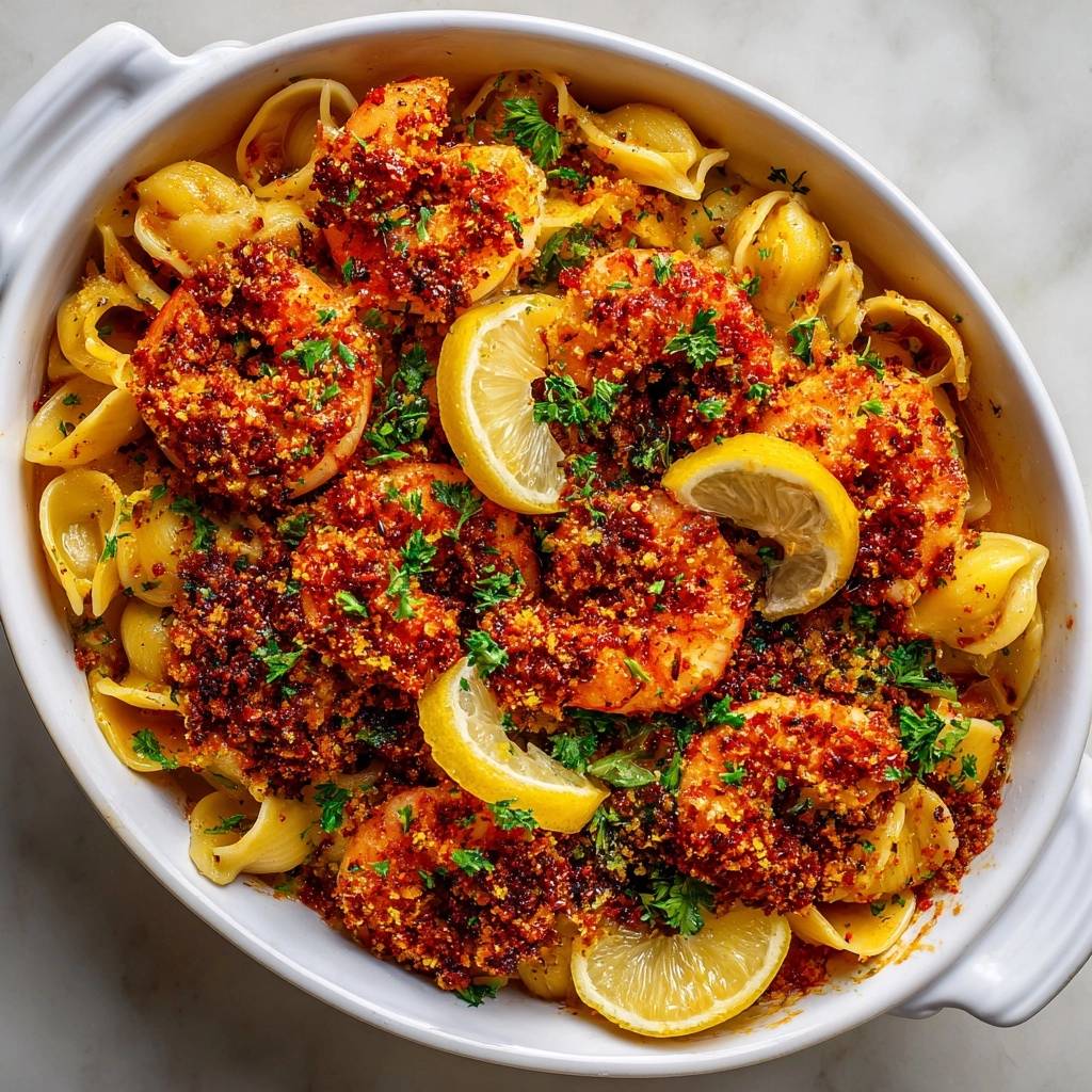 Knuspriger Garnelen Rigatoni Auflauf Draufsicht 1 Knuspriger Garnelen-Rigatoni-Auflauf von oben: Ein köstliches Gericht mit goldbraunen Garnelen, Pasta und frischen Zitronenscheiben.