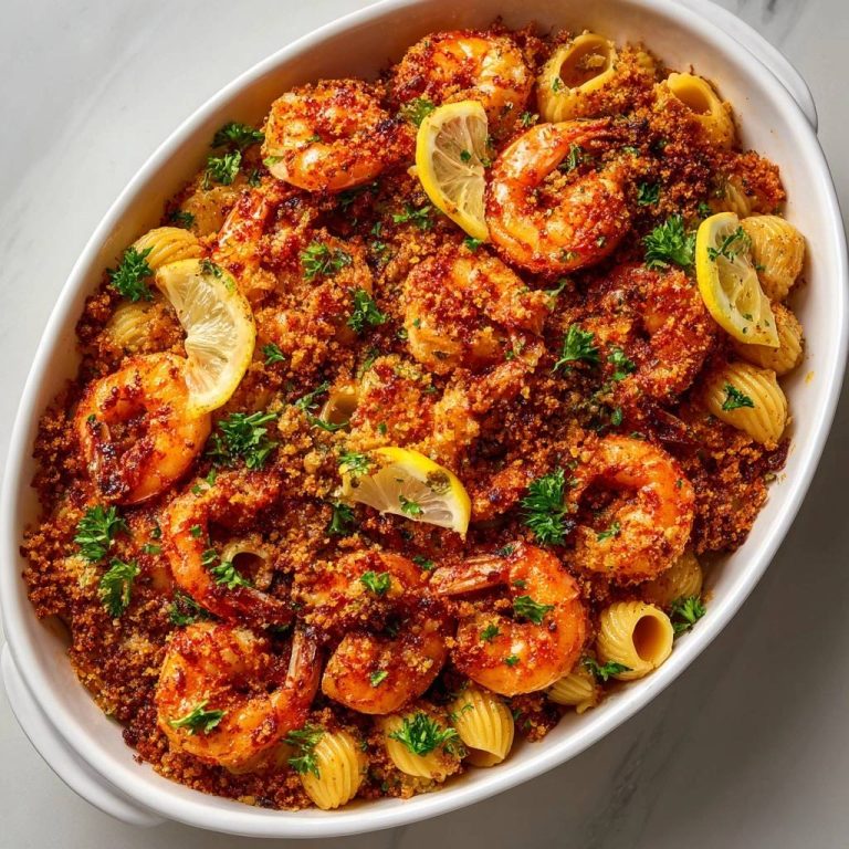 Knuspriger Garnelen-Rigatoni-Auflauf von oben: Ein üppiger Auflauf mit goldbraunen Garnelen, knuspriger Kruste und frischer Petersilie.