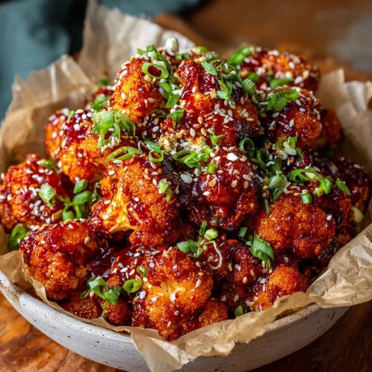 Knuspriger Gochujang-Blütenkohl, garniert mit Sesam und Frühlingszwiebeln, serviert in einer rustikalen Schüssel auf einem Holztisch.