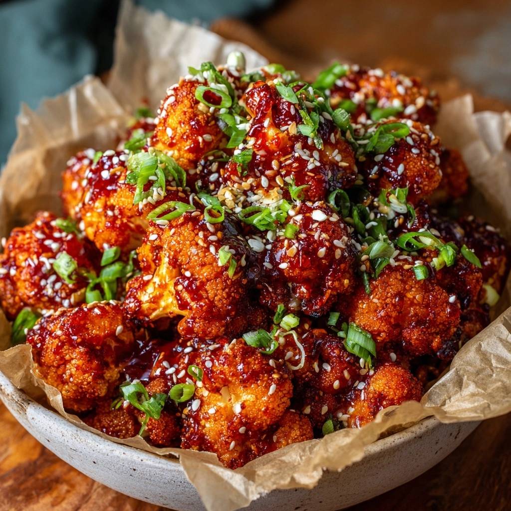 Knuspriger Gochujang-Blütenkohl, garniert mit Sesam und Frühlingszwiebeln, serviert in einer rustikalen Schüssel auf einem Holztisch.