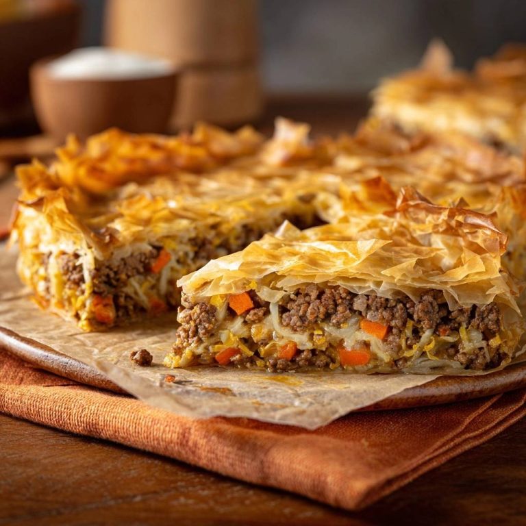 Knuspriger Hackfleisch-Börek mit Kohl & Karotten, ein köstlicher herzhafter Kuchen, zeigt hier seinen saftigen, detailreichen Querschnitt.