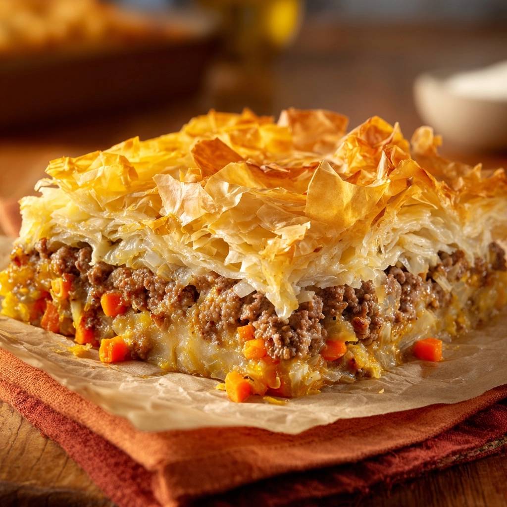 Knuspriger Hackfleisch Borek Querschnitt 1 Knuspriger Hackfleisch-Börek mit Kohl & Karotten im Anschnitt, der die saftige Füllung mit Hackfleisch und Gemüse zeigt.
