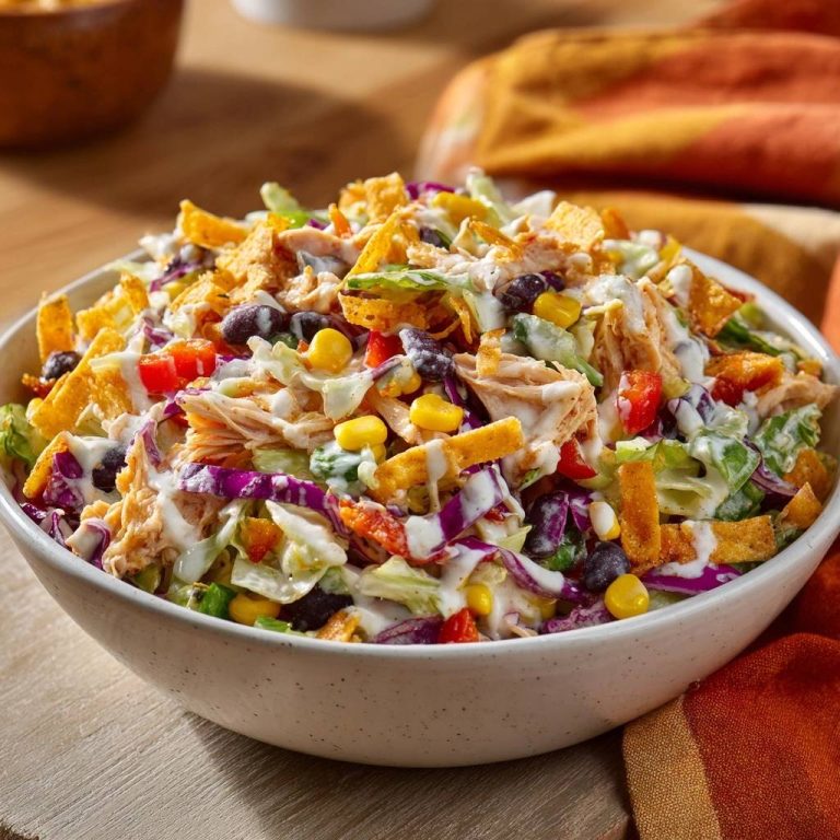 Knuspriger Hähnchen-Taco-Salat in einer Schüssel, serviert in einer Nahaufnahme von oben mit knusprigen Tortilla-Streifen.