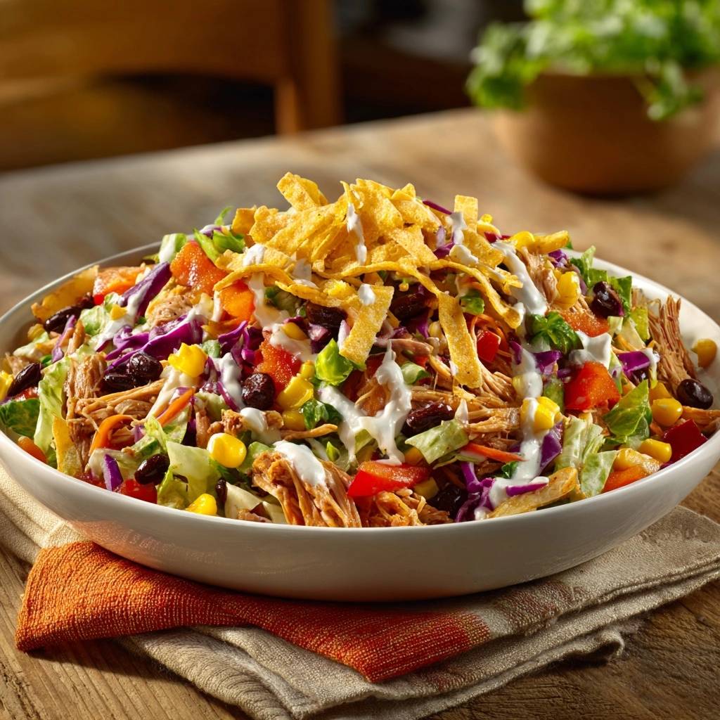 Knuspriger Hähnchen-Taco-Salat von oben gesehen, mit Tortilla-Streifen, Hähnchen, Mais, Bohnen und frischem Gemüse in einer Schüssel serviert.