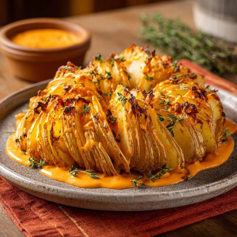 Knuspriger Kartoffel-Käse-Kranz mit Thymian serviert und auf einem Teller angerichtet, garniert mit frischem Thymian und einer cremigen Sauce.