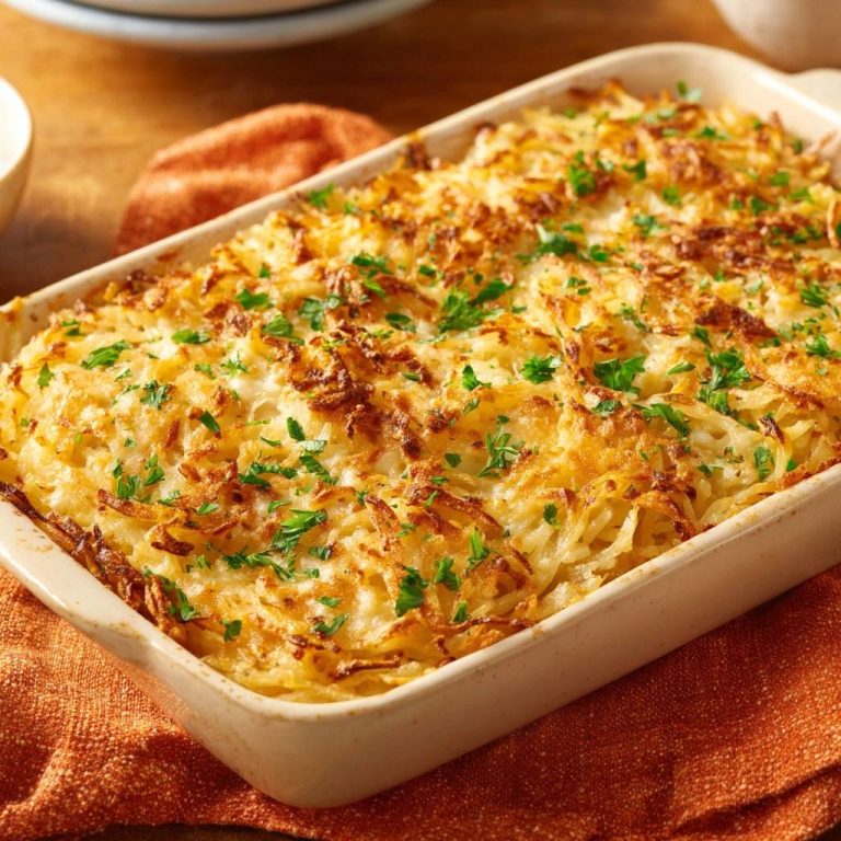 Knuspriger Kartoffelauflauf, frisch gebacken und garniert mit frischer Petersilie, serviert in einer Auflaufform, bereit zum Genießen.