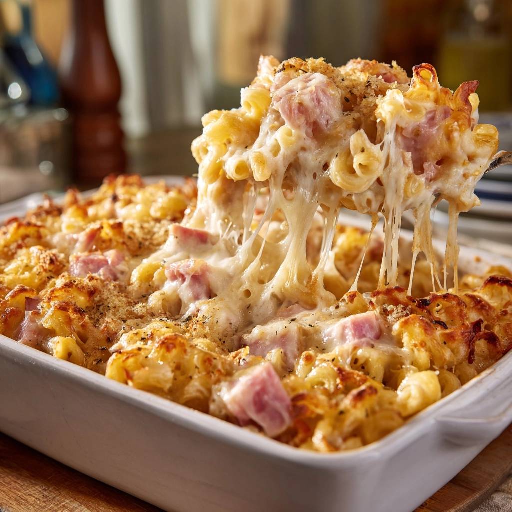 Knuspriger Mac and Cheese mit Schinken, mit Käse, der sich zu langen Fäden zieht, serviert in einer Auflaufform.