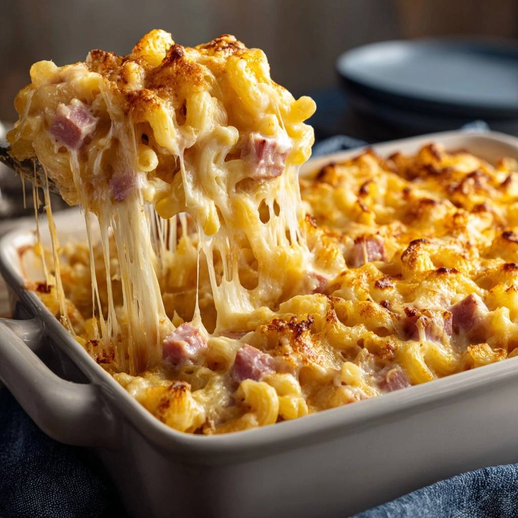 Knuspriger Mac And Cheese Mit Schinken Kaesefaden 1 Knuspriger Mac and Cheese mit Schinken mit geschmolzenem Käse, der sich beim Herausheben aus der Auflaufform zieht. Ein herzhaftes Gericht zum Genießen.
