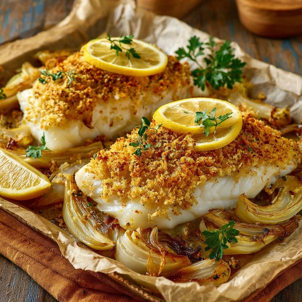 Knuspriger Ofenkabeljau auf Zwiebelbett, zubereitet auf einem Backblech, garniert mit frischen Zitronenscheiben und Kräutern.