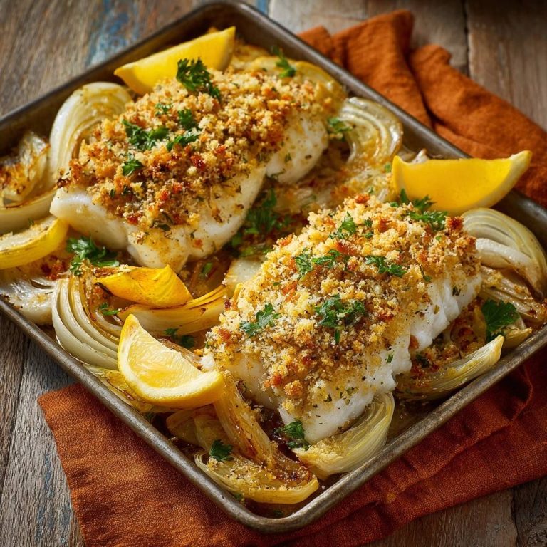 Knuspriger Ofenkabeljau auf Zwiebelbett, zubereitet auf einem Backblech, serviert mit Zwiebeln, Zitronen und frischer Petersilie.